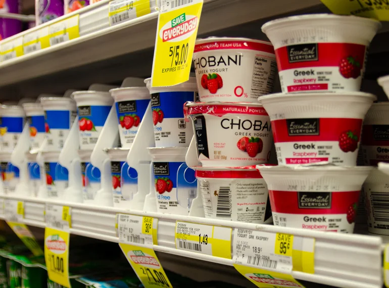 Chobani Greek yogurt on a shelf at Fresh County Market