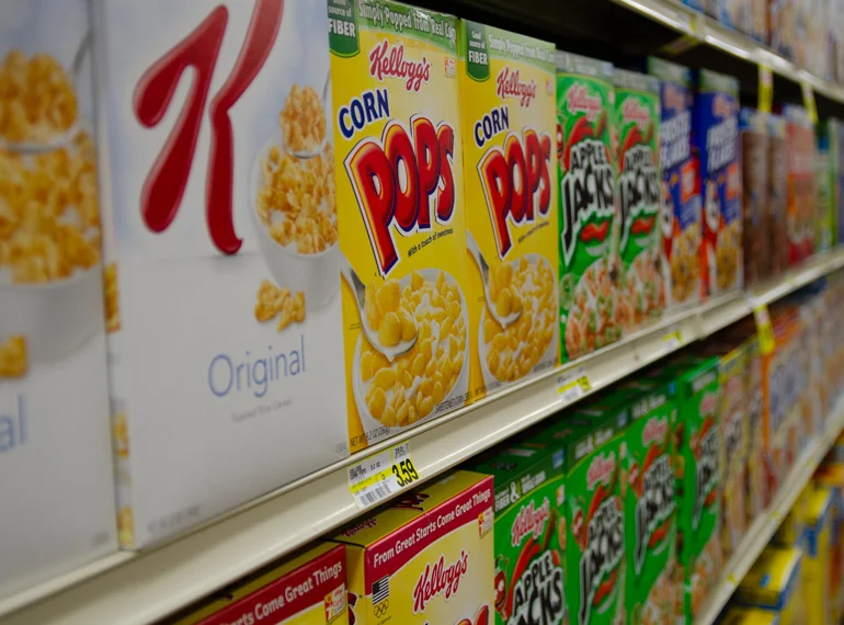 variety Kellogg's products on a shelf at Fresh County Market